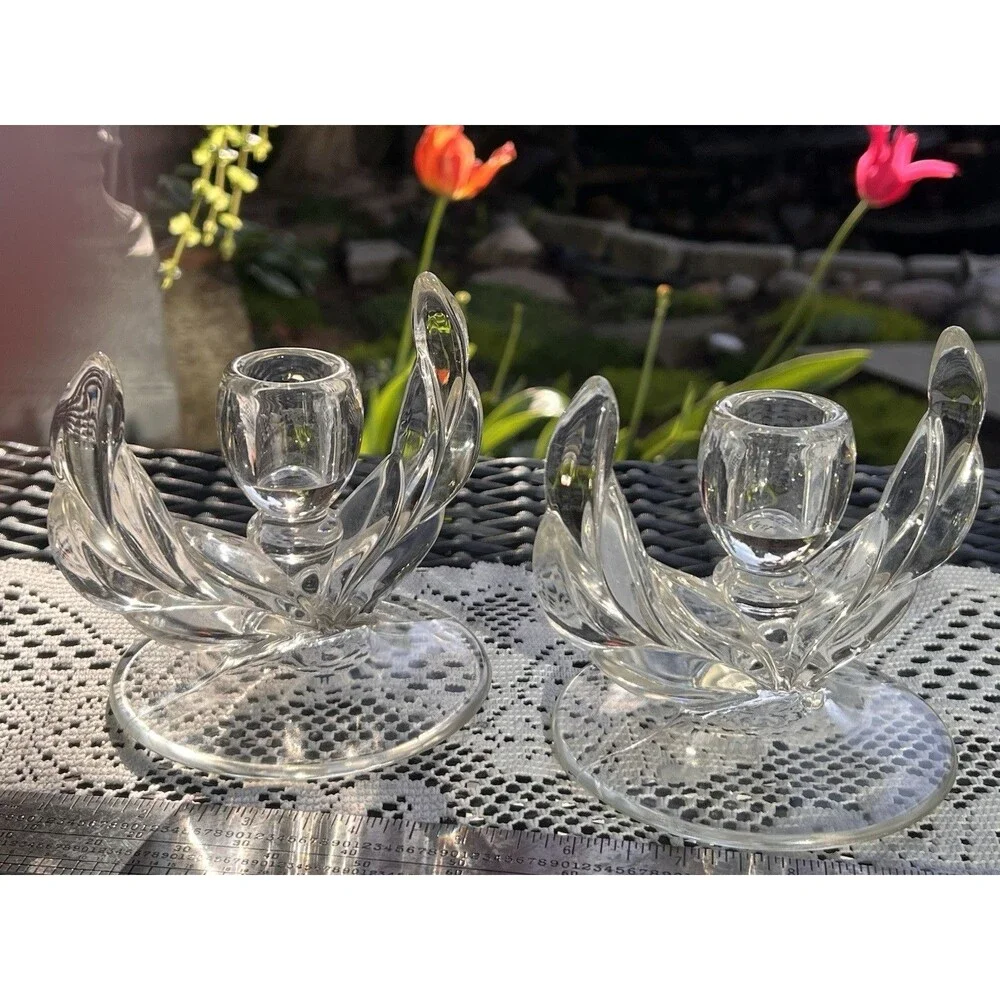1960s Vintage Glass Lotus Candle Holders Pair Mid Century  Wheat Sheaf/winged